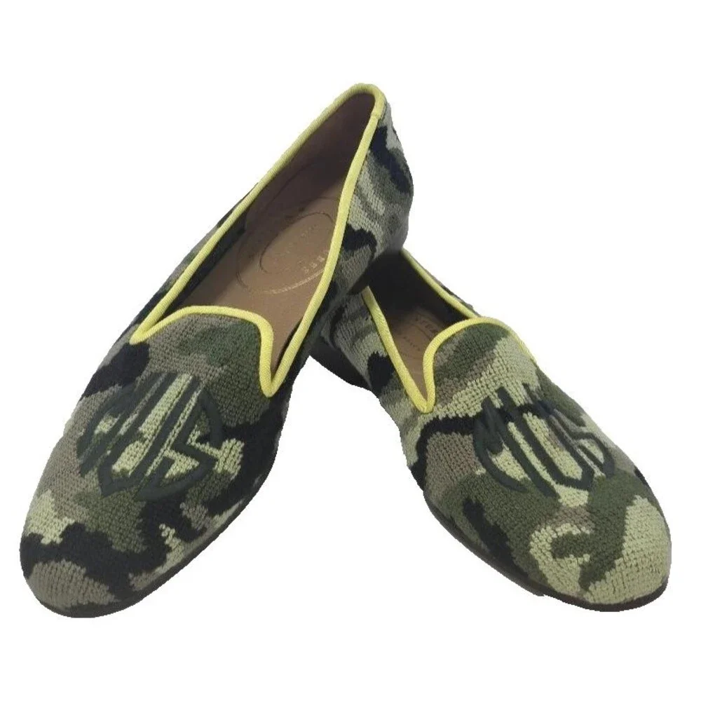 Stubbs & Wootton Needlepoint Camo Green Women's Loafers Shoe 9 AA NEW!  $625